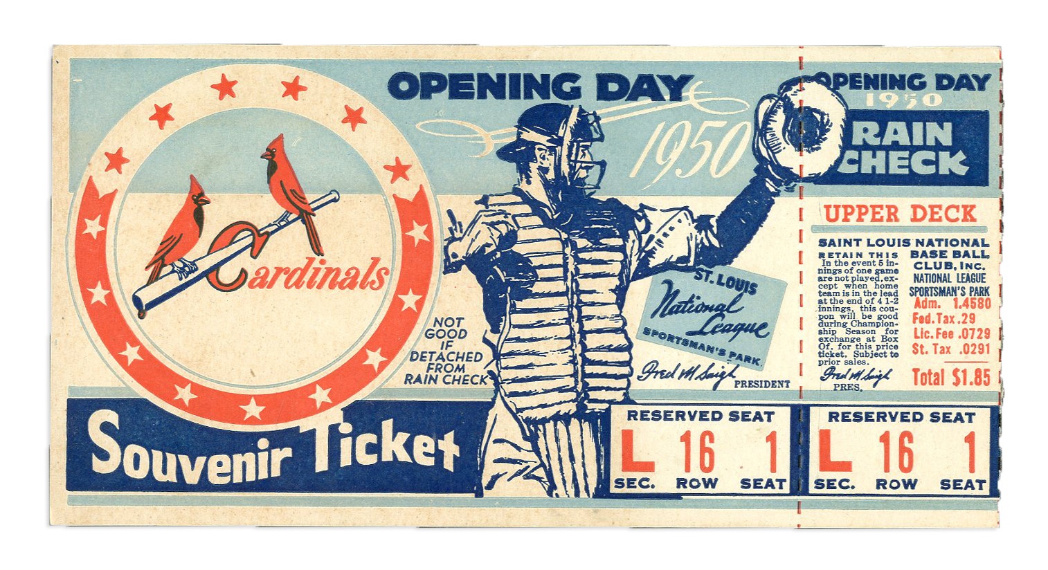 - 1950 St. Louis Cardinals Opening Day Ticket Postcard