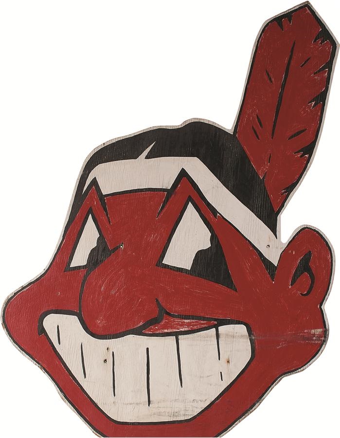 Stadium Artifacts - 1950s Chief Wahoo Original Diecut Wood Cleveland Stadium Sign - Politically Incorrect