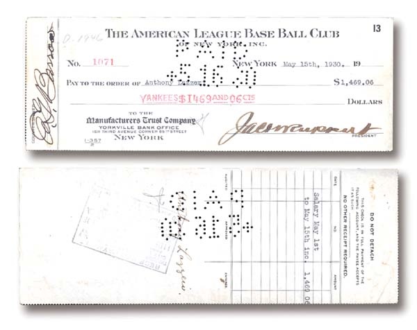 - 1930 Tony Lazzeri Signed Yankees Payroll Check