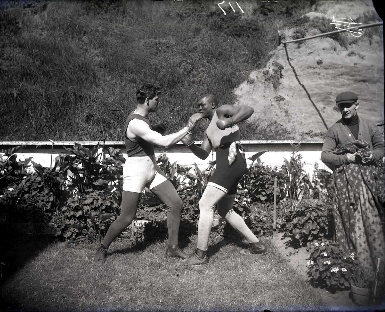 Dana Collection Of Important Boxing Negatives - 1909 Jack Johnson Spars w/Jewish Boxer Al Kaufman Type I Glass Plate Negative by Dana Studio