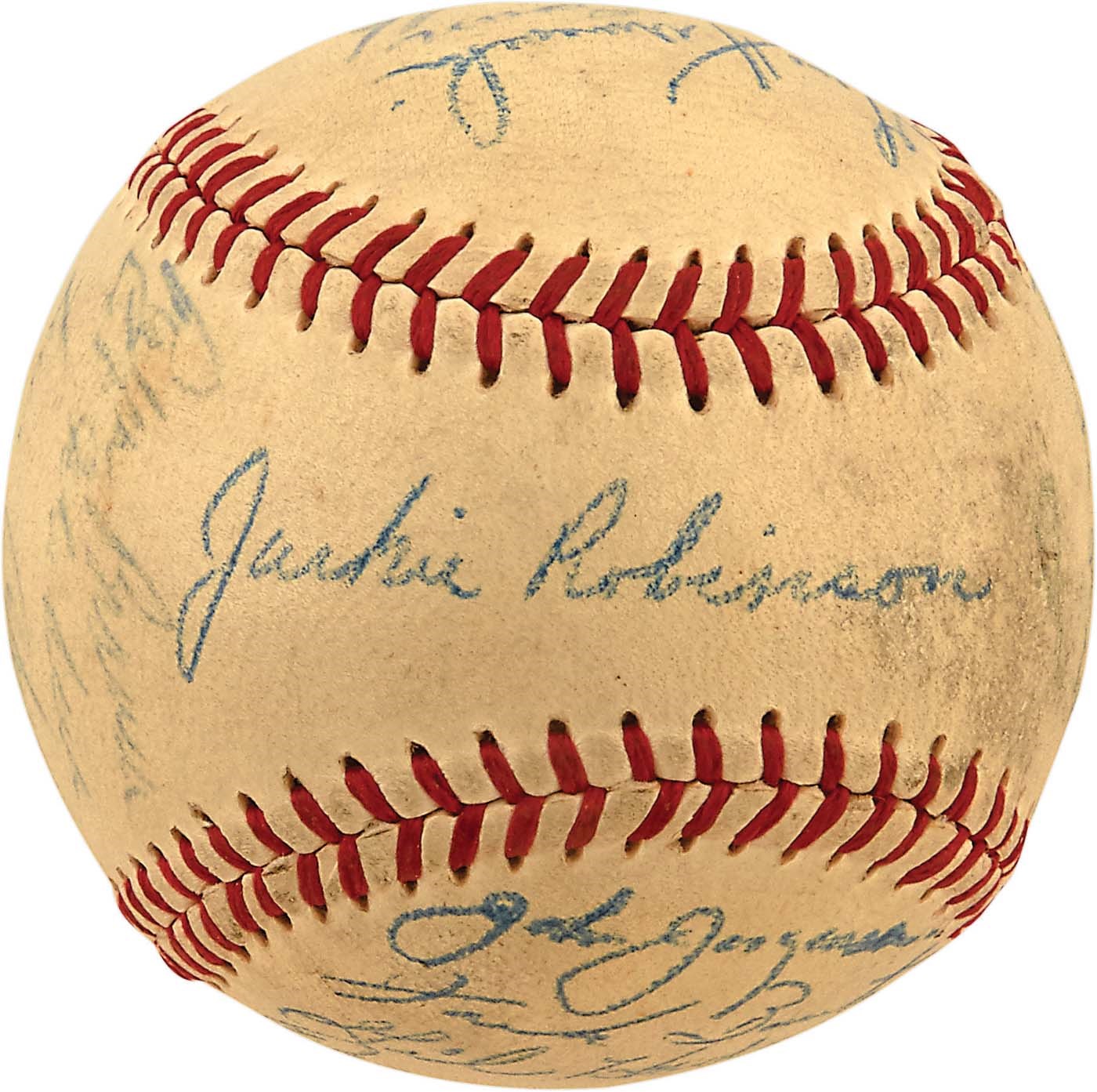 Jackie Robinson & Brooklyn Dodgers - 1949 Brooklyn Dodgers & Boston Braves Team-Signed GAME USED Baseball (PSA)