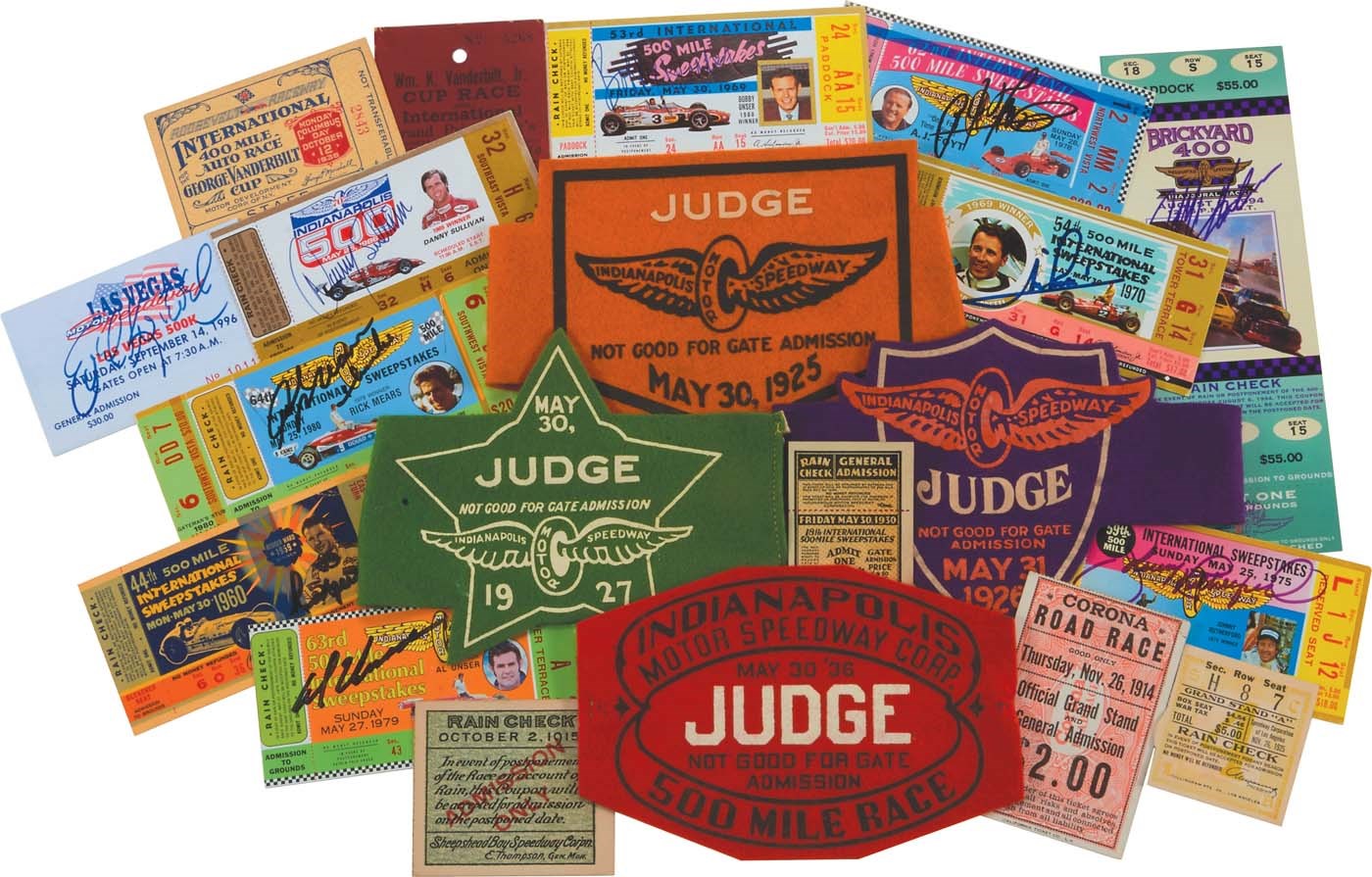 Kubina And The Mick - 1910s-90s Auto Racing & Indy 500 Ticket and Judge Armband Collection w/30+ Signed (200+)