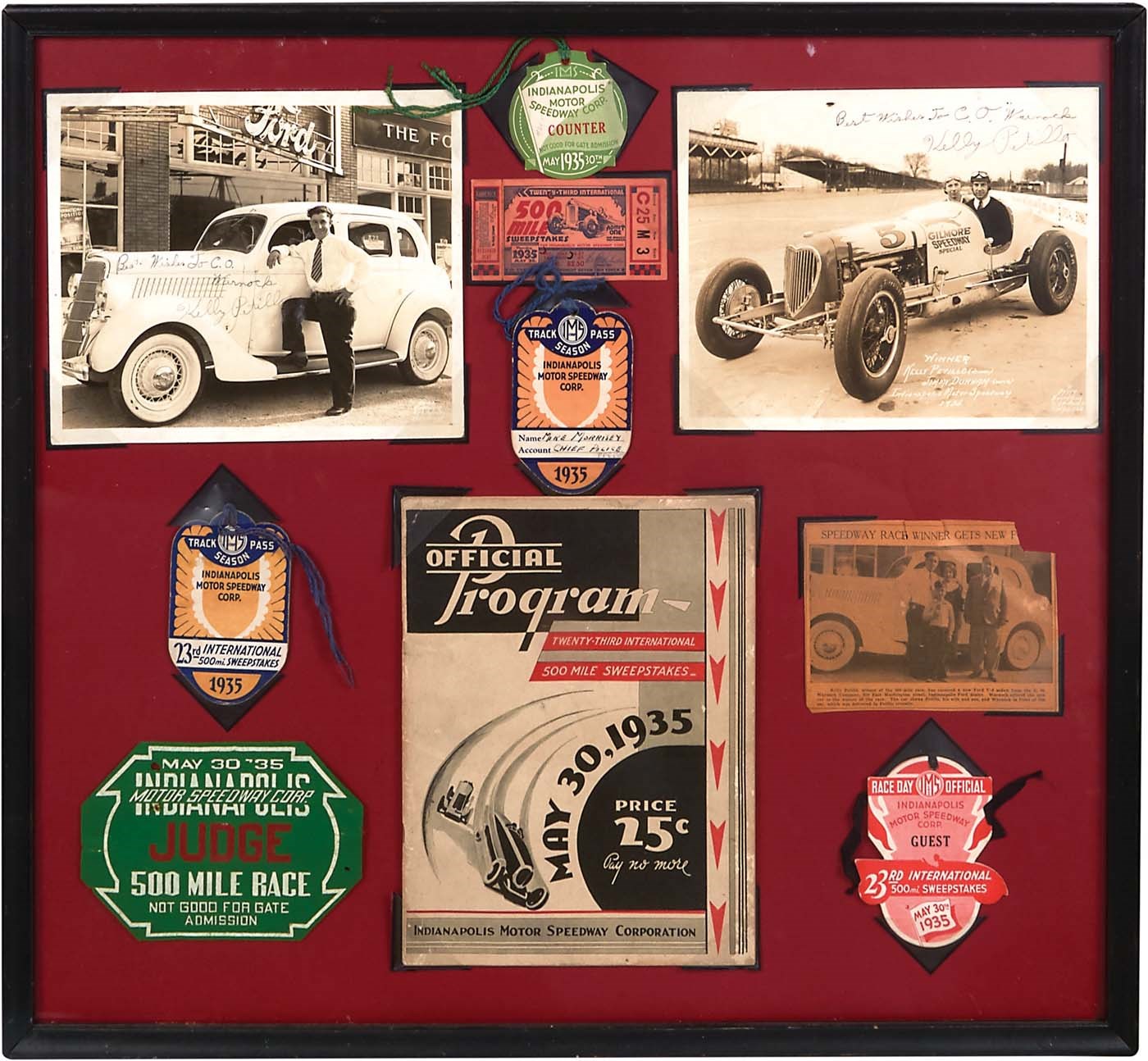 Kubina And The Mick - 1935 Kelly Petillo Indianapolis 500 Display with Program, Autographs, Passes & More