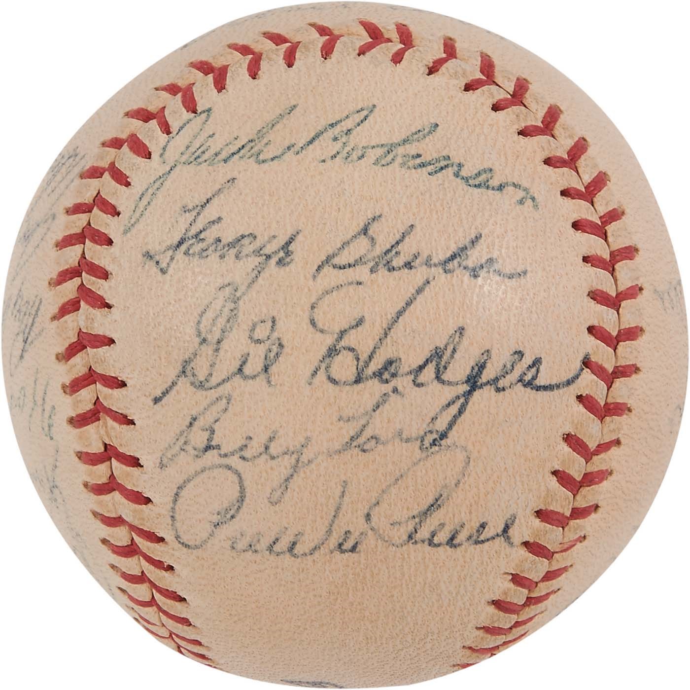 Jackie Robinson & Brooklyn Dodgers - 1955 World Champion Brooklyn Dodgers Team-Signed Baseball w/Robinson & Campanella (PSA)