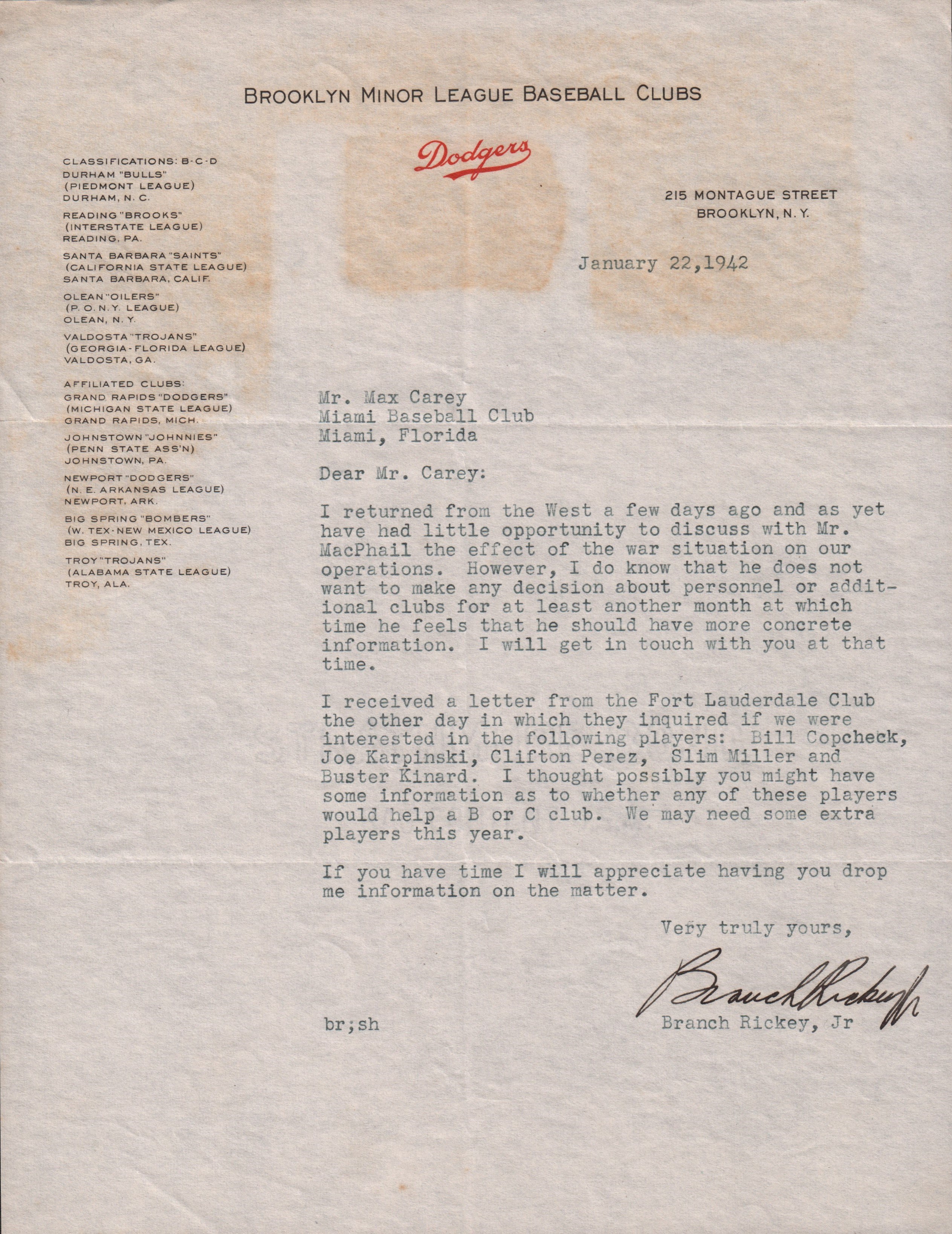 Jackie Robinson & Brooklyn Dodgers - Two Branch Rickey Jr. Letters to Max Carey
