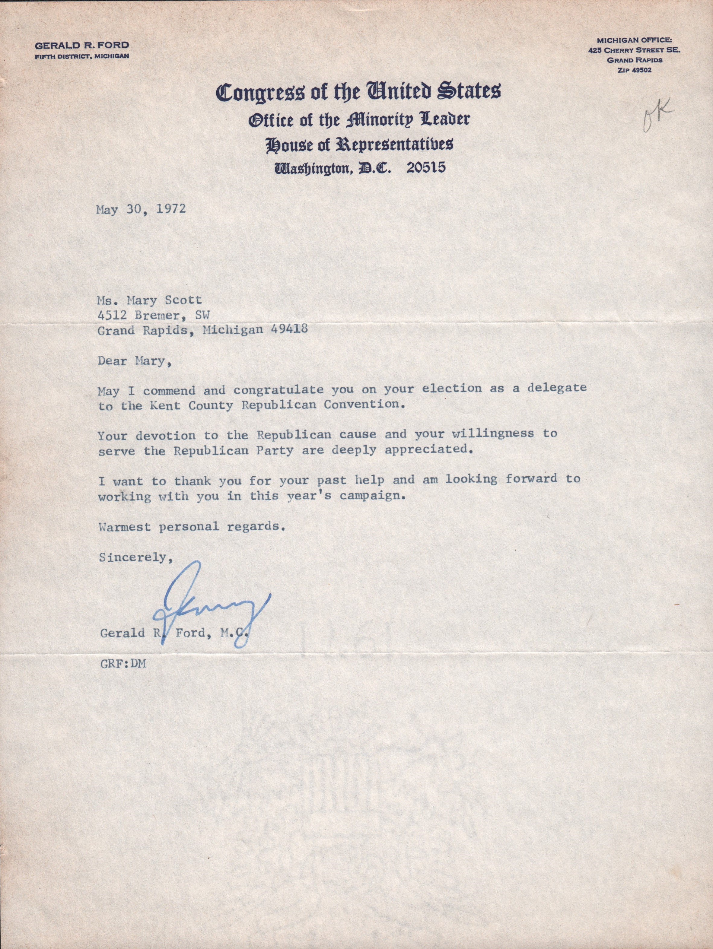- 1972 President Gerald R Ford Signed Letter