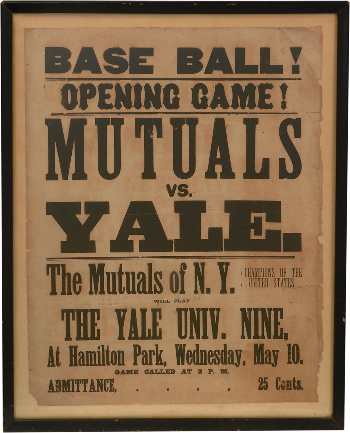 Early Baseball - 1870s New York Mutuals vs. Yale Base Ball Broadside