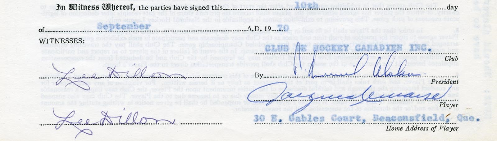 Hockey - 1970 Jacques Lemaire Montreal Canadiens Player Contract
