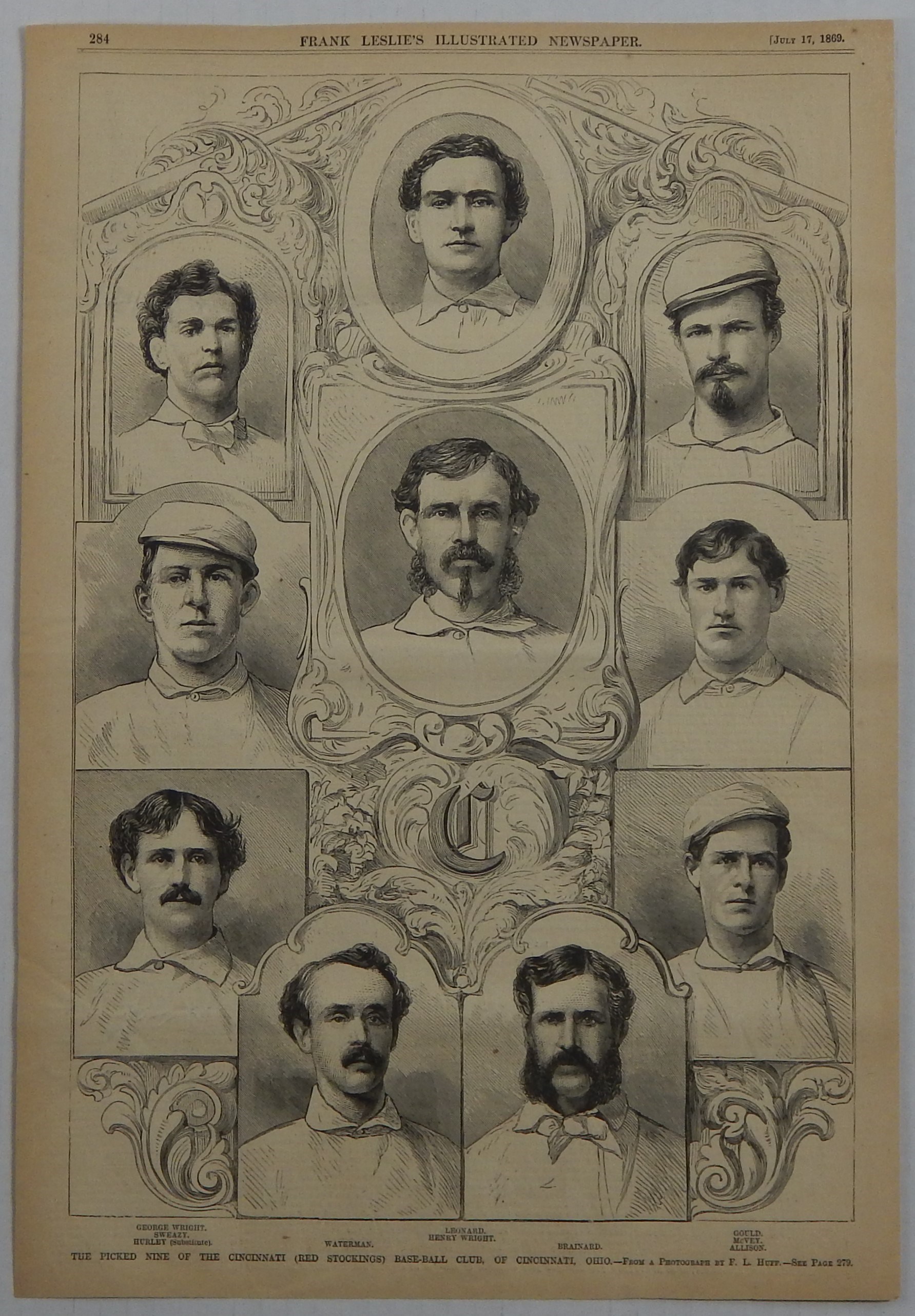 Early Baseball - 1869 Cincinnati Red Stockings Original Leslie's Print