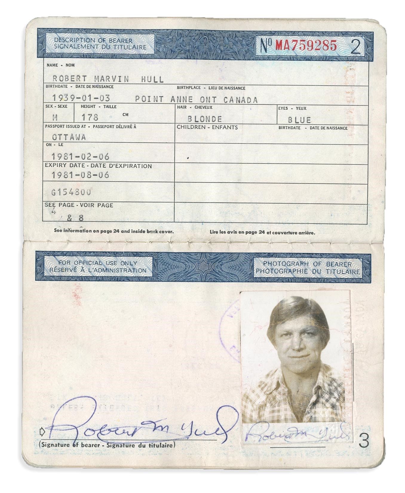 Hockey - 1981 Bobby Hull Passport