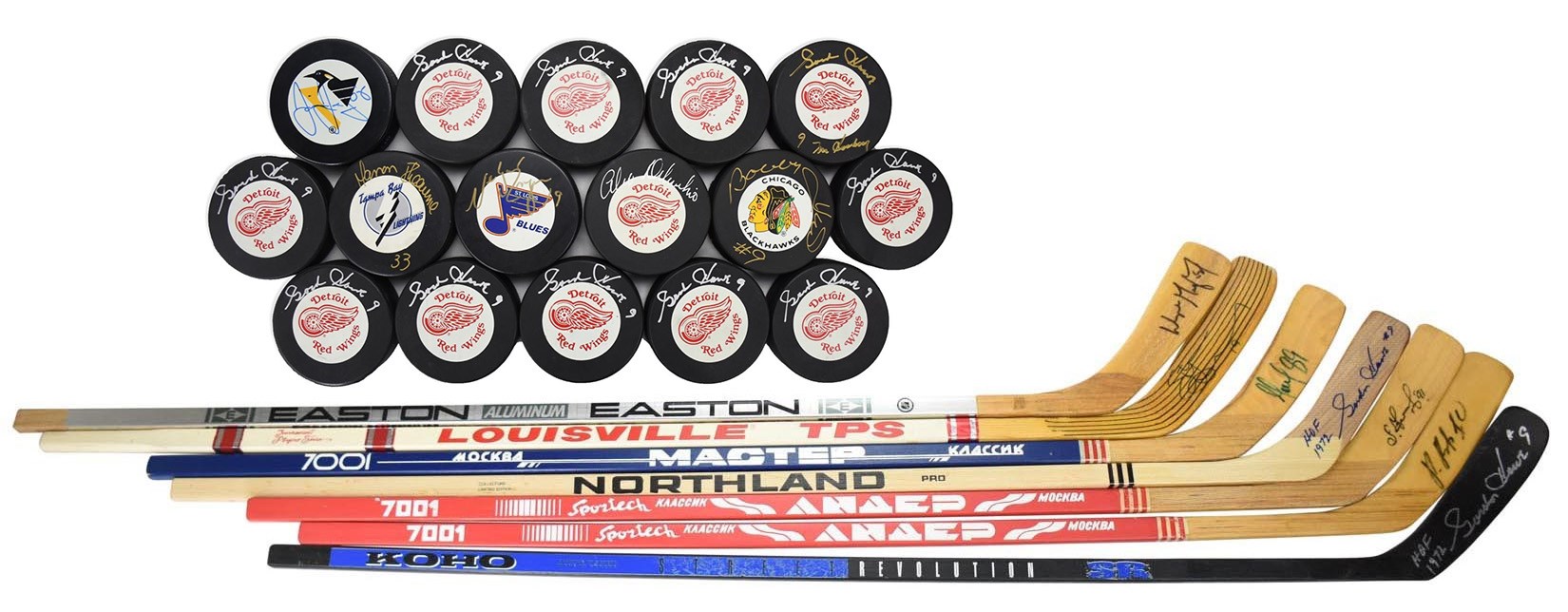 Hockey - Signed Hockey Puck & Stick Collection w/14 Gordie Howe (25+)