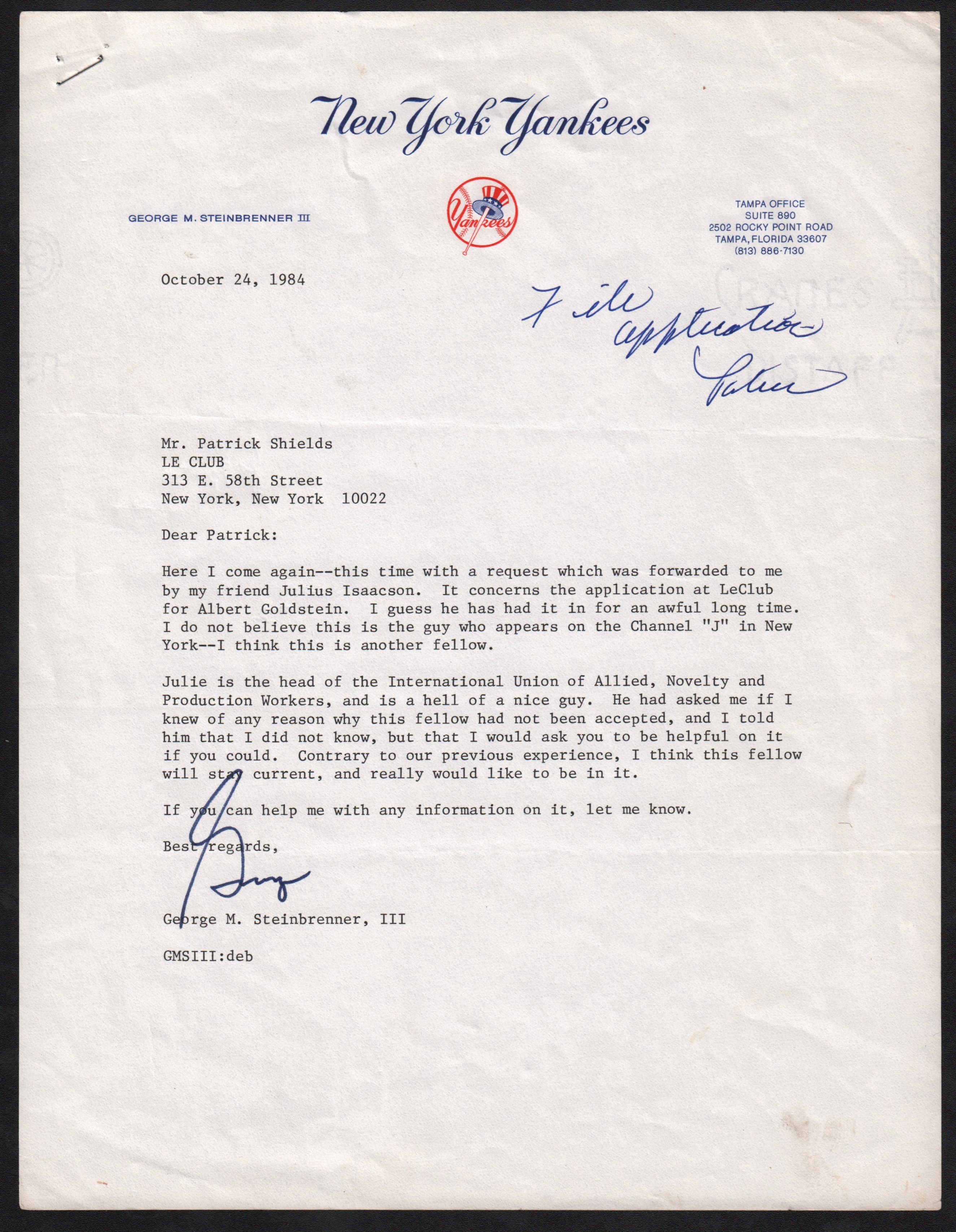 Yankees - 1984 George Steinbrenner Signed Letter on Yankees Stationary