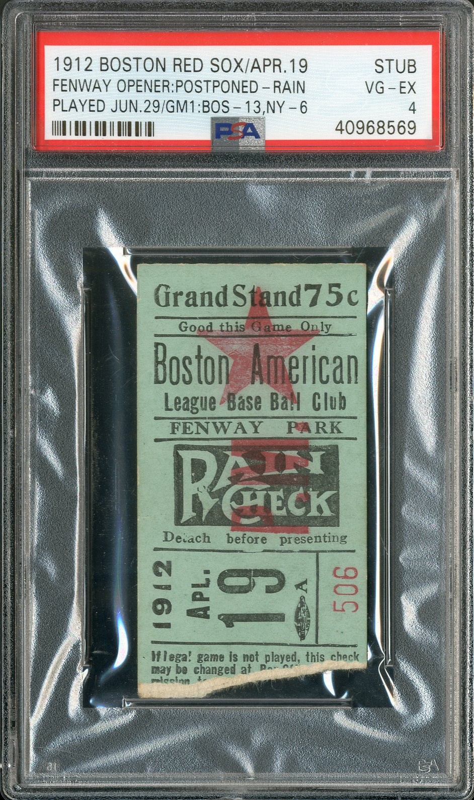Early Baseball - 1912 First Ever Fenway Park Ticket - Only One Known