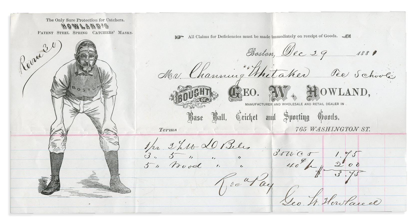 Early Baseball - 1881 Howland Sporting Goods Receipt w/Boston Catcher
