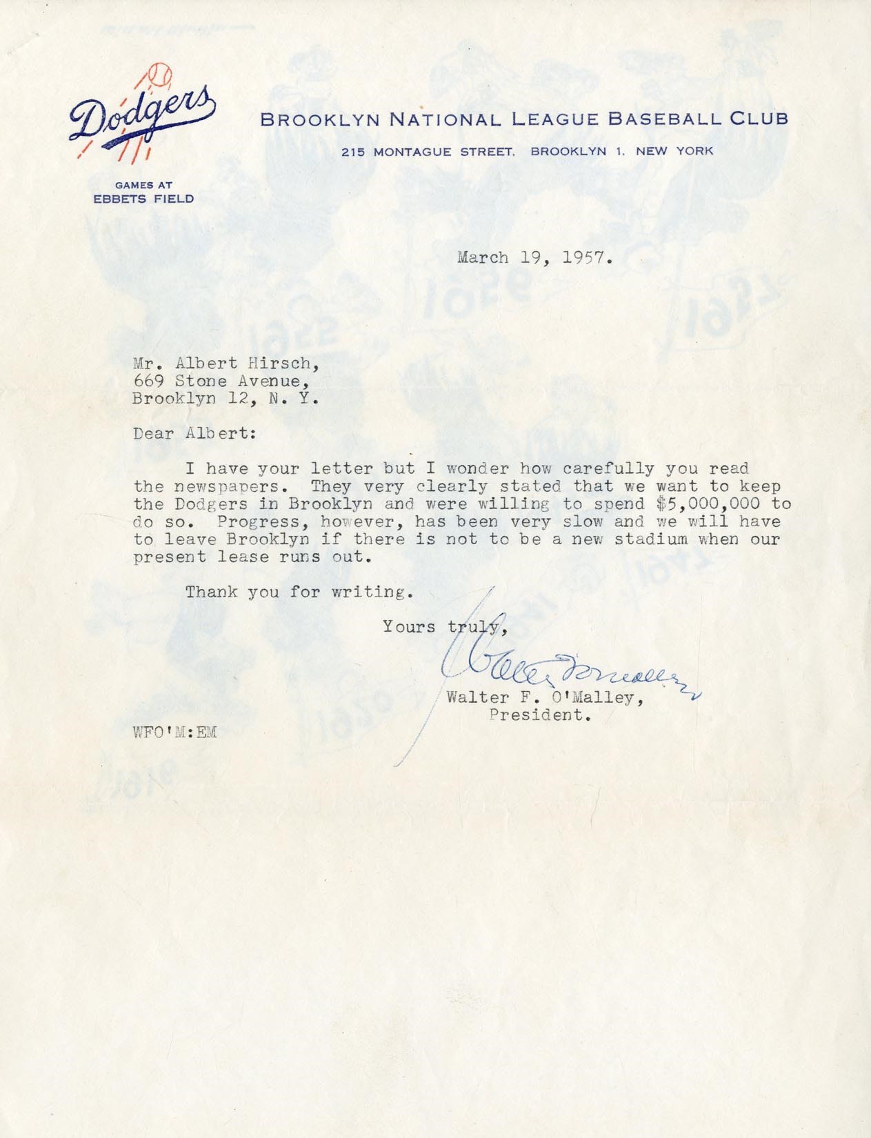 Jackie Robinson & Brooklyn Dodgers - 1957 Walter O'Malley "Keep the Dodgers in Brooklyn" Letter