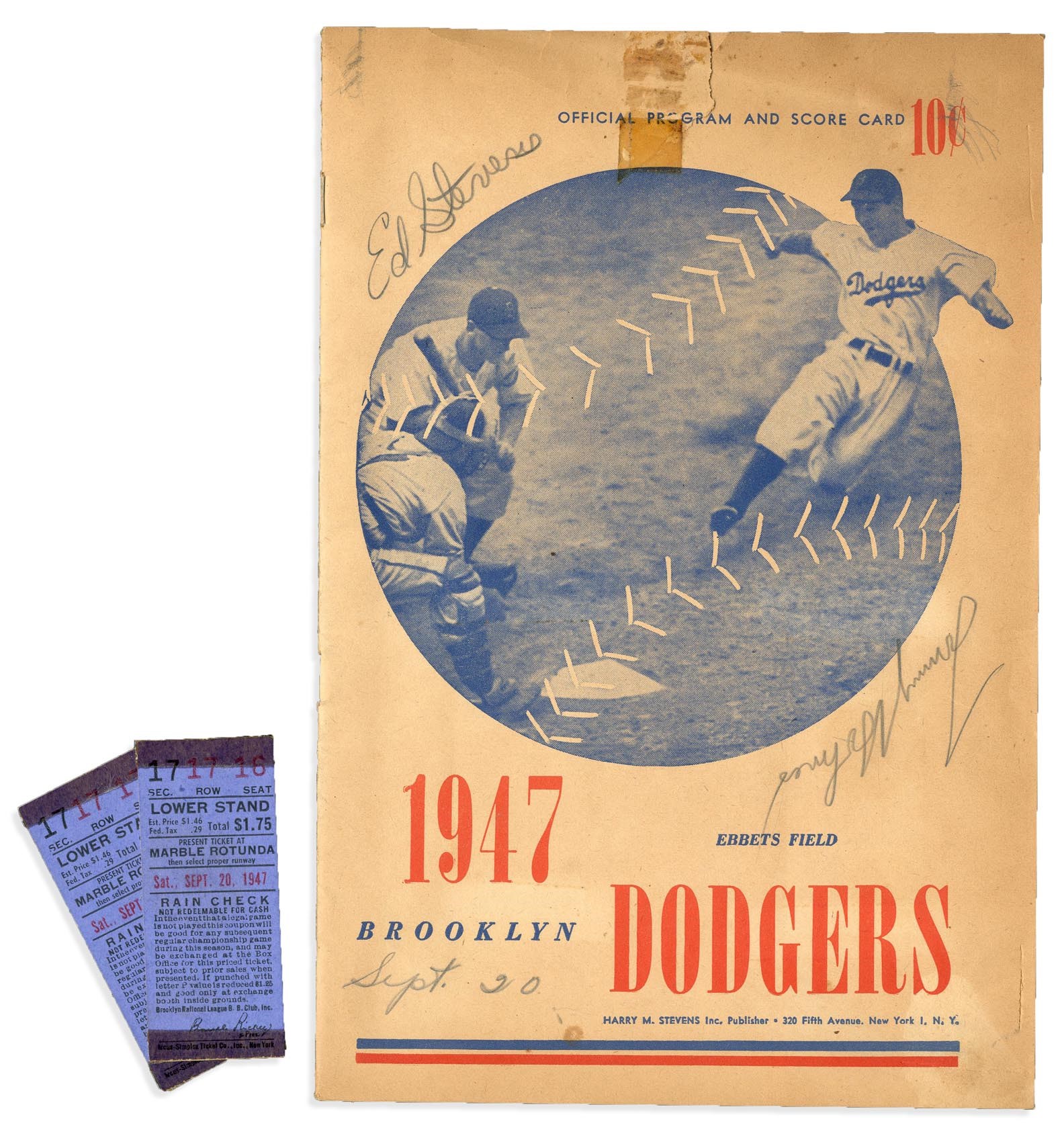 Jackie Robinson & Brooklyn Dodgers - 1947 Brooklyn Dodgers Signed Program w/(2) Tickets - Robinson Rookie Year