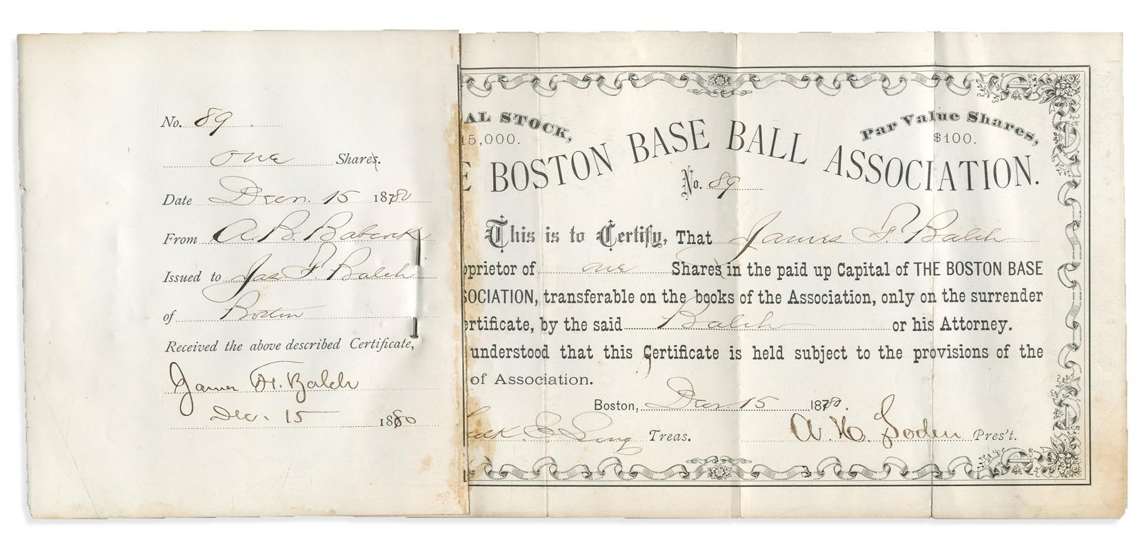 Early Baseball - 1880 Boston Beaneaters Stock Certificate - Best Known Example