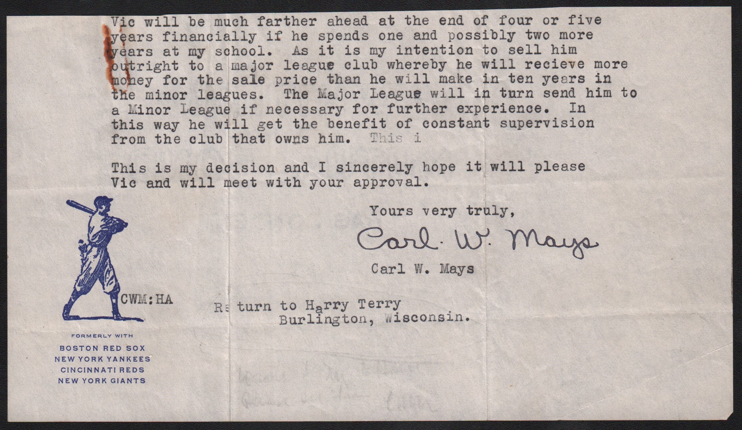 Early Baseball - Carl W. Mays Letter with Baseball Content