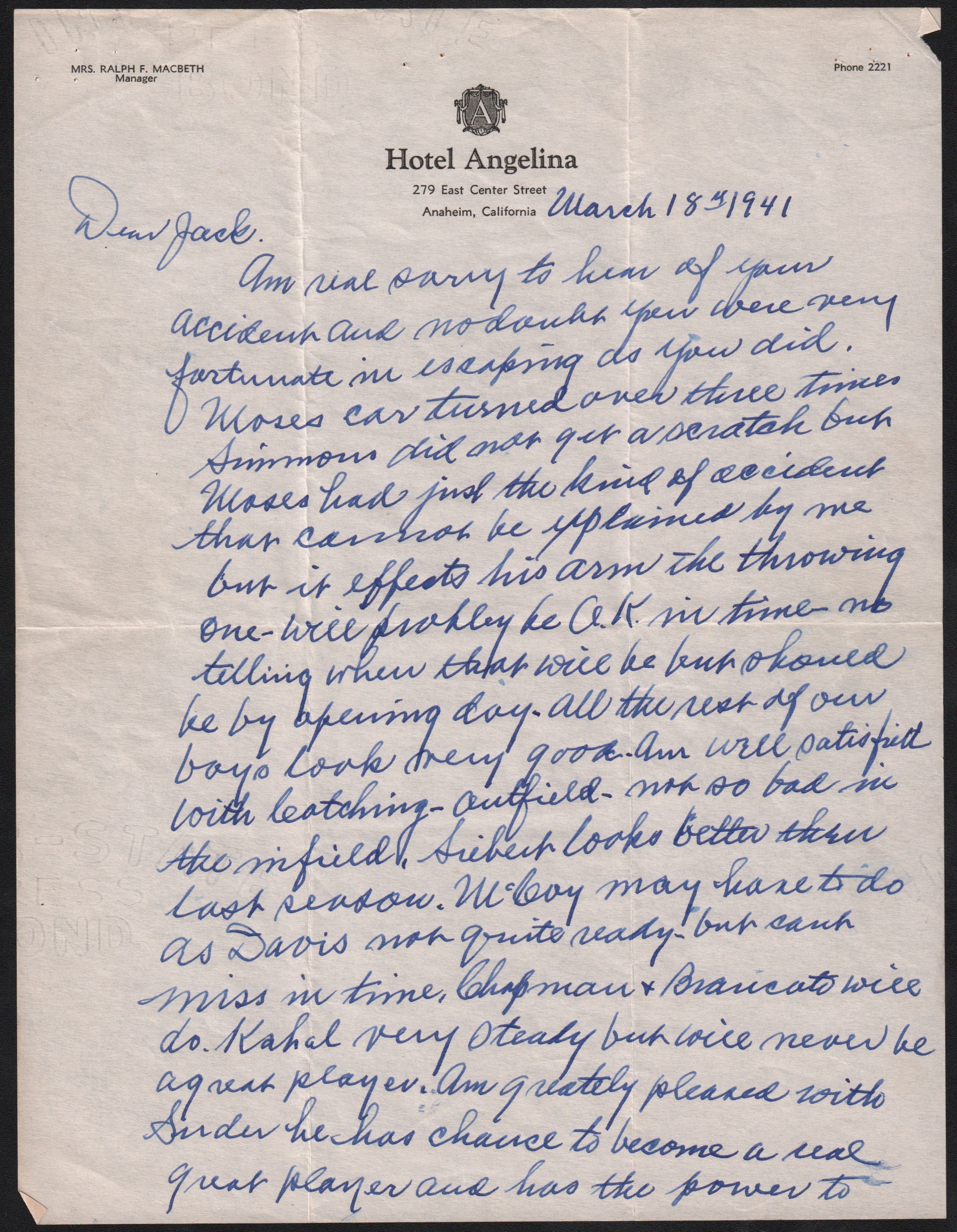 Early Baseball - 1941 Connie Mack Two Page Handwritten Letter w/All Simmons Car Accident Content