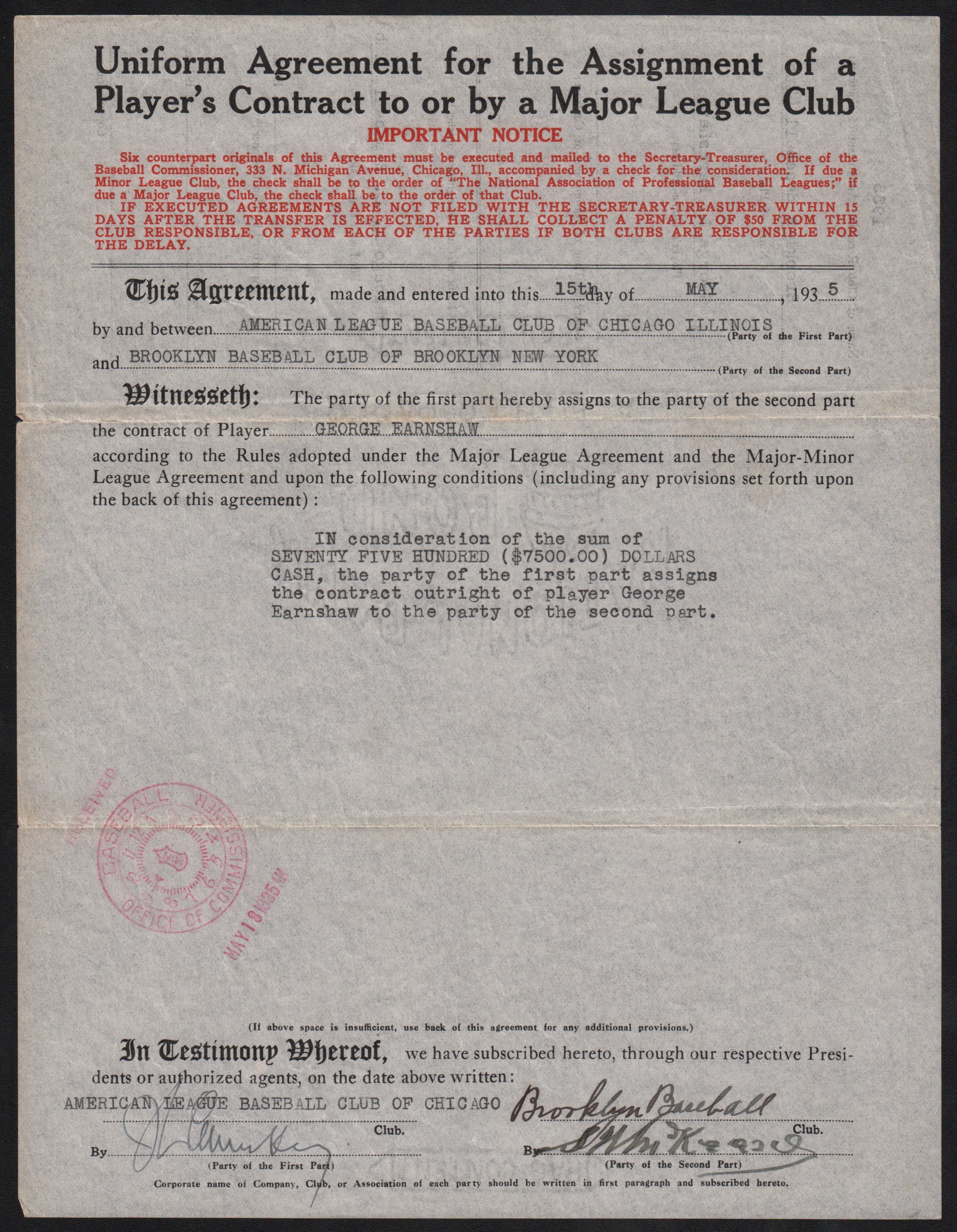 Jackie Robinson & Brooklyn Dodgers - 1935 George Earnshaw Sold to Brooklyn Contract