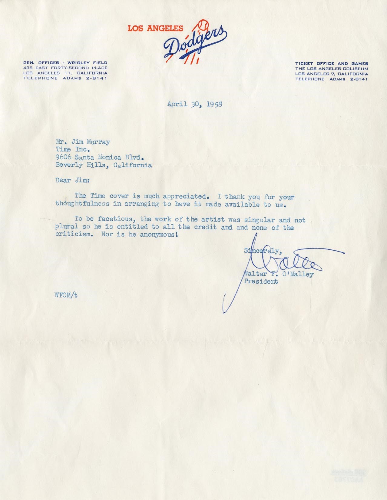 Jackie Robinson & Brooklyn Dodgers - 1958 Walter O'Malley Letter r.e. His Time Magazine Cover Original Painting (PSA)