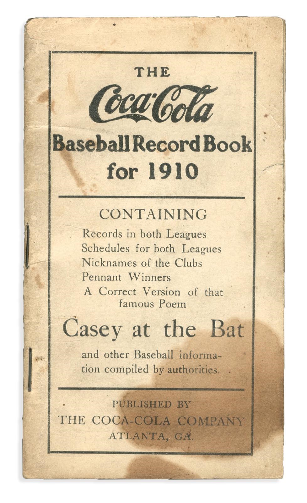 Early Baseball - 1910 Coca Cola Baseball Record Book with Early "Casey at the Bat"