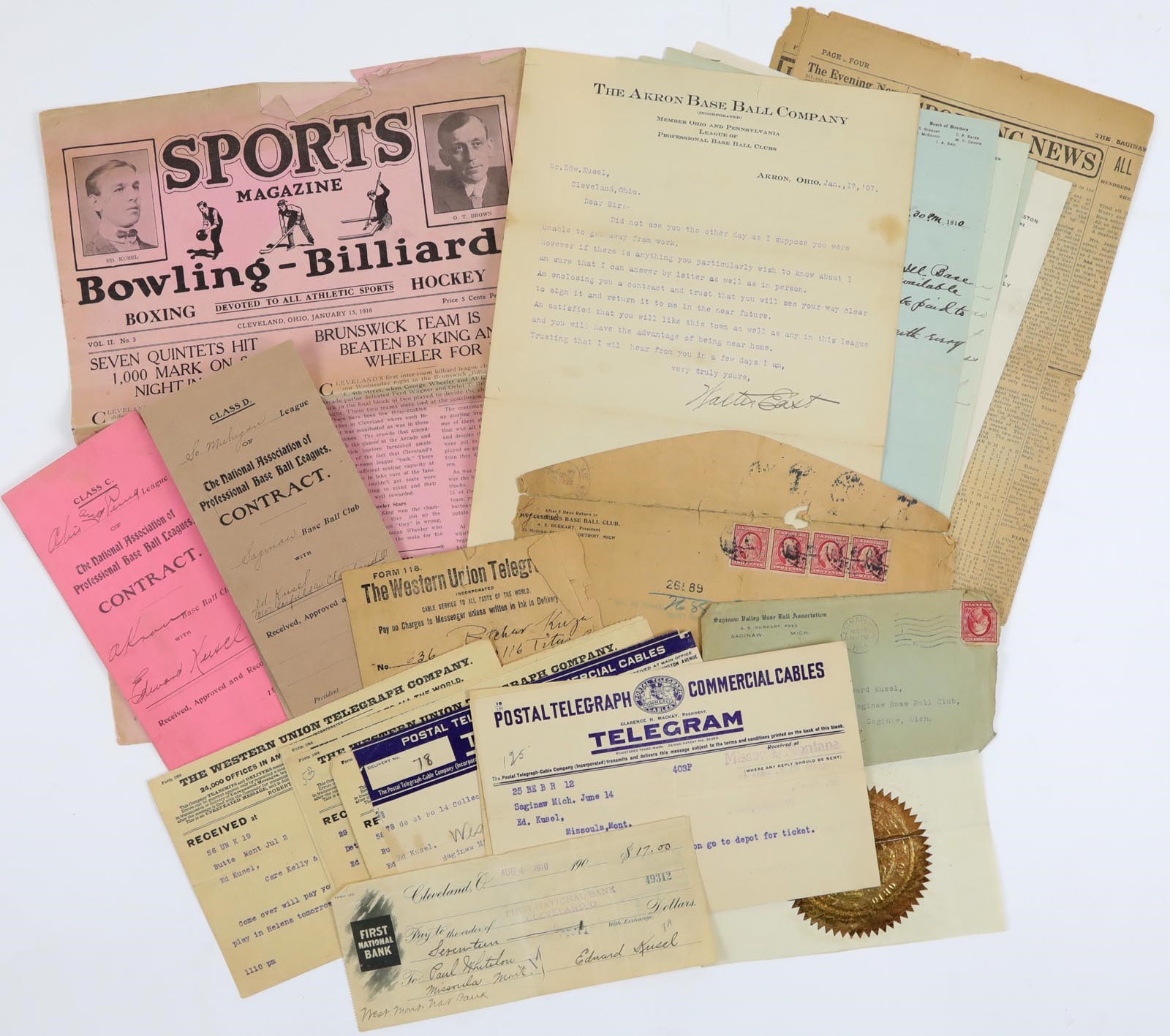 Early Baseball - 1900's Ed Kusel Minor League Player Contract and More