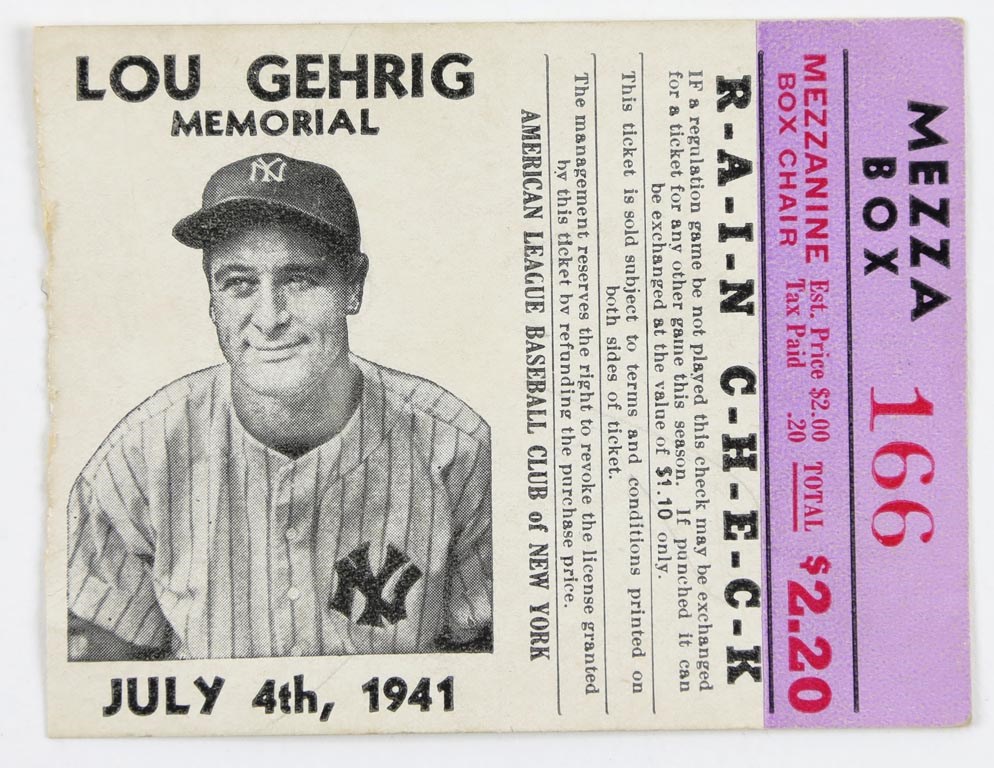 Kubina And The Mick - 1941 Lou Gehrig Memorial Ticket Stub