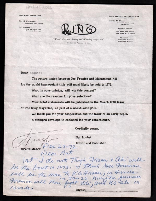 - 1972 Archie Moore Handwritten Letter to Ring Magazine Regarding Ali-Frazier II and Foreman