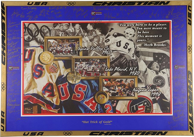 Hockey - "Hat Trick of Gold" Signed Print in Custom Hockey Stick Frame (PSA)