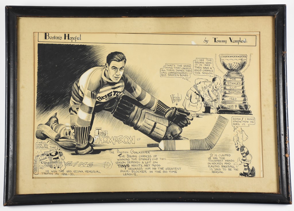 Hockey - 1935 Tiny Thompson Boston Bruins Original Cartoon Art from Milt Schmidt