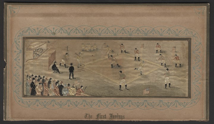 Early Baseball - 1880's "The First Innings" Stevengraph Silk Bookmark