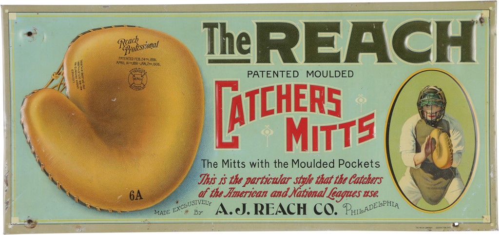 Early Baseball - Fantastic Circa 1908 Reach Cather‚s Mitts Tin Litho Advertising Sign