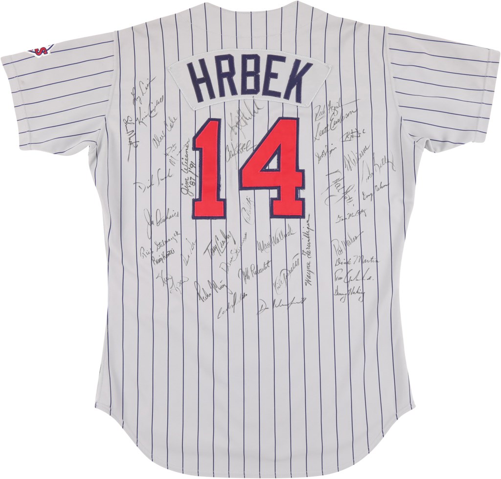 Baseball Equipment - 1989 Kent Hrbek Minnesota Twins Game Worn Jersey - Signed by Entire Team (Photo-Matched)