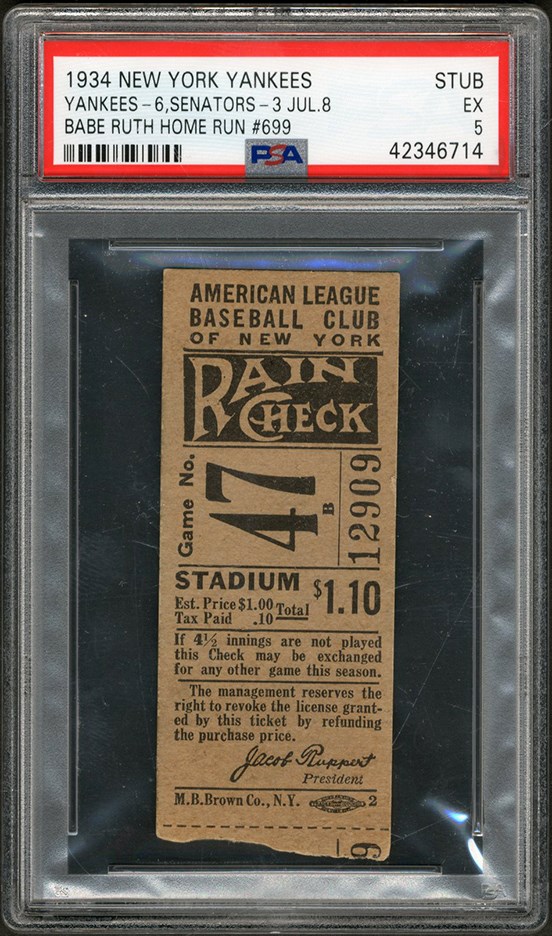 - Babe Ruth Home Run #699 Ticket Stub PSA