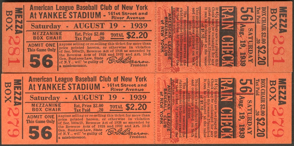 - Pair of August 19, 1939, New York Yankees Full Tickets