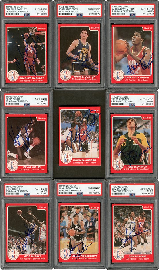 Basketball Cards - 1985 Star Basketball All-Rookie Team Complete Signed Set with Michael Jordan