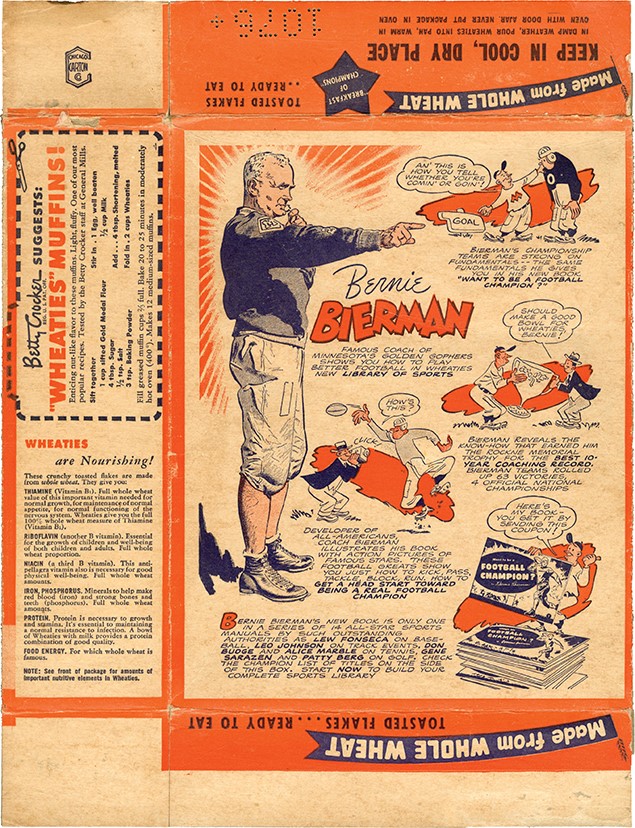1944 Coach Bernie Bierman Complete Wheaties Box with Back Cartoon