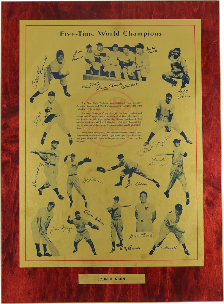 - 1953 New York Yankees Five Straight World Championships Presentational Plaque