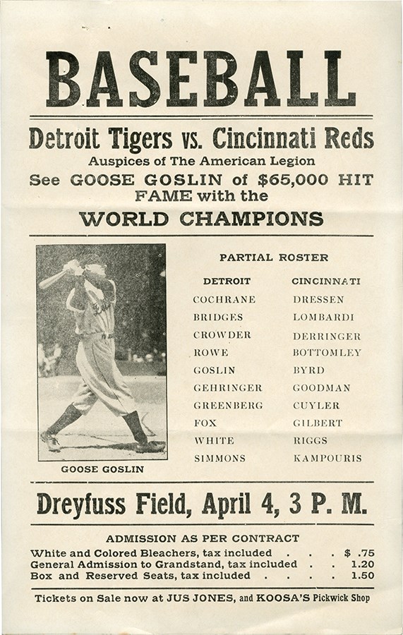 - 1936 Detroit Tigers Broadside Featuring "Goose Goslin of $65.000 Hit Fame"