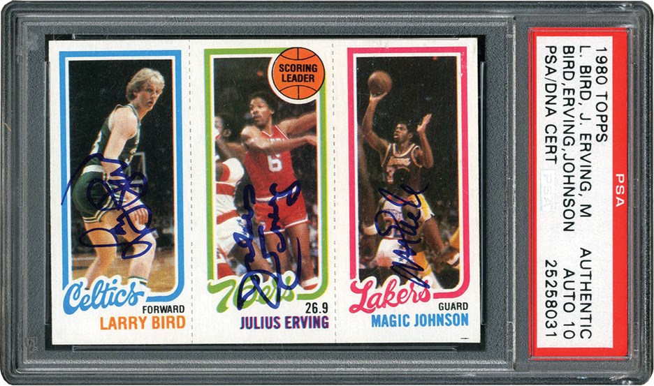 Basketball Cards - 1980 Topps Scoring Leaders Larry Bird, Julius Erving, Magic Johnson Signed Rookie PSA Authentic - Auto 10