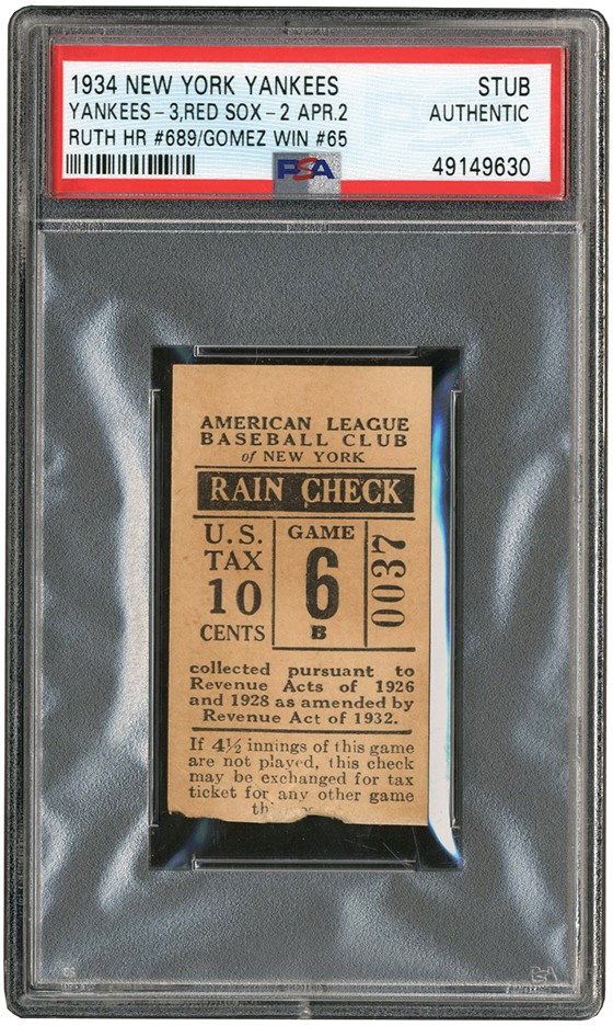 Ruth and Gehrig - 1934 Babe Ruth Career Home Run #689 New York Yankees Ticket (PSA)
