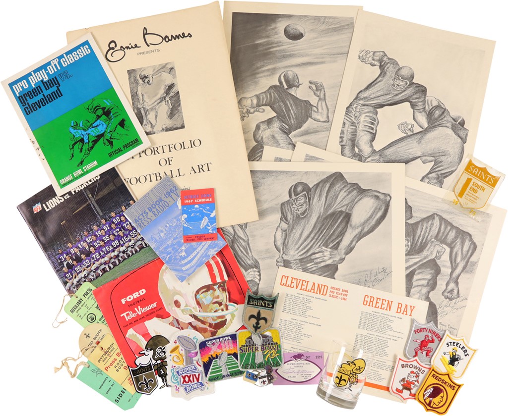 - Collection of Pro Football Memorabilia w/Artwork, Tickets, Press Passes, & More