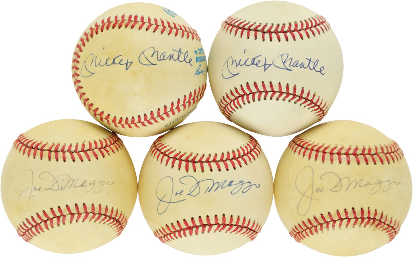Baseball Autographs - Five Mickey Mantle and Joe DiMaggio Signed Baseballs with One Dual-Signed (All PSA)