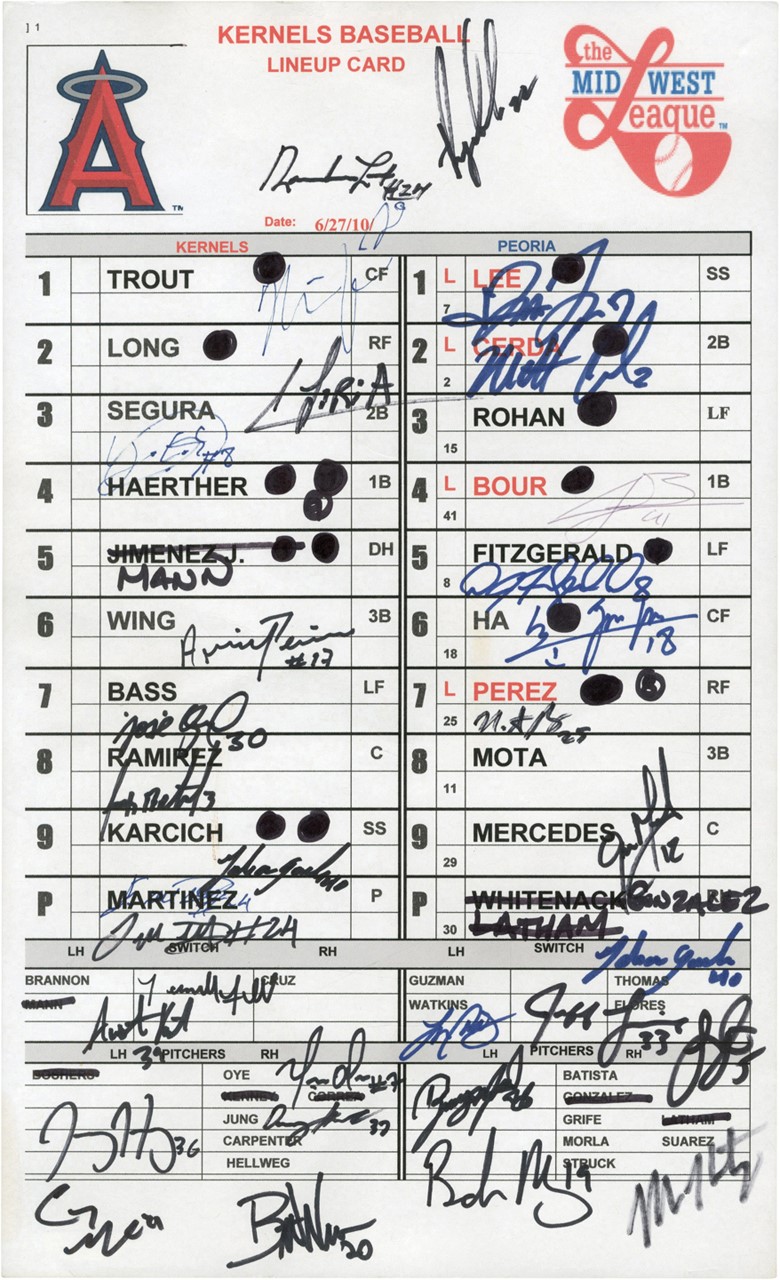 Baseball Autographs - 2010 Mike Trout Pre-Rookie and Cedar Rapids Kernels vs. Peoria Chiefs Team-Signed Game Used Lineup Card (PSA)