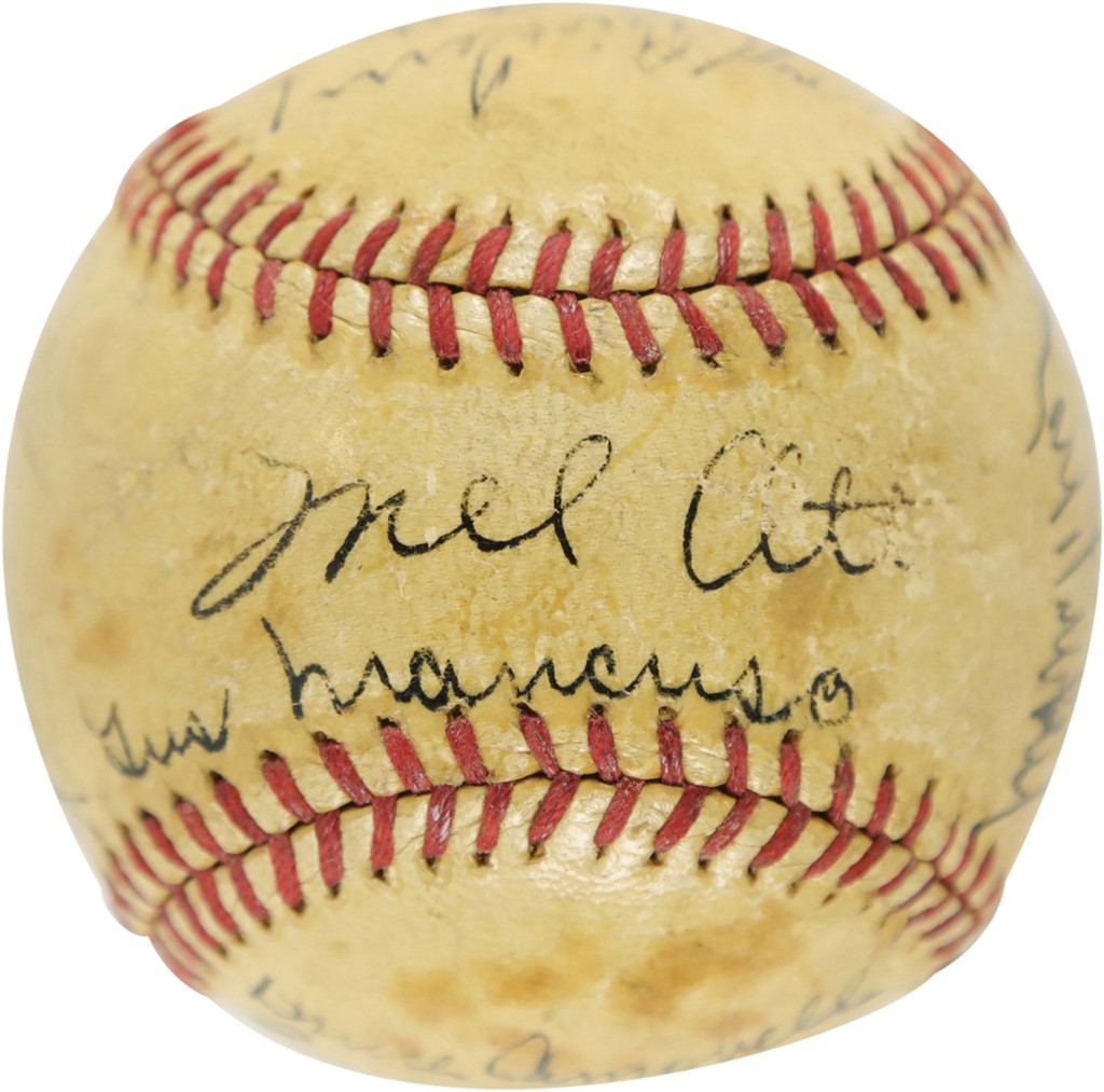 - 1937 New York Giants & Cleveland Indians Team-Signed Baseball with Prominent Mel Ott on Sweet Spot (PSA)