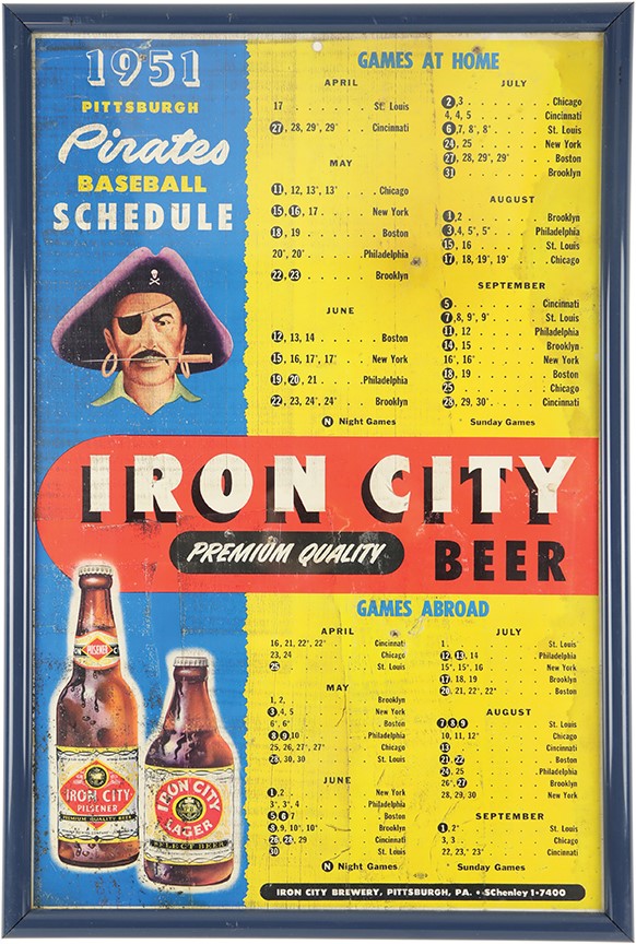 1951 Pittsburgh Pirates Iron City Beer Cardboard Advertising Schedule
