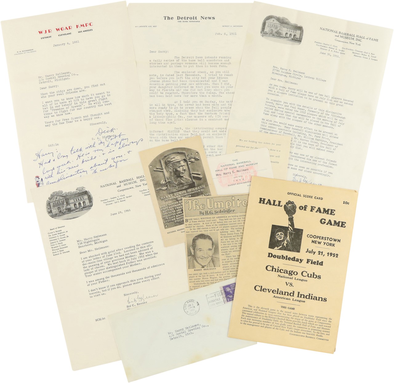 Harry Heilmann and Family Personal Ephemera Collection Including Hall of Fame Pass (7)