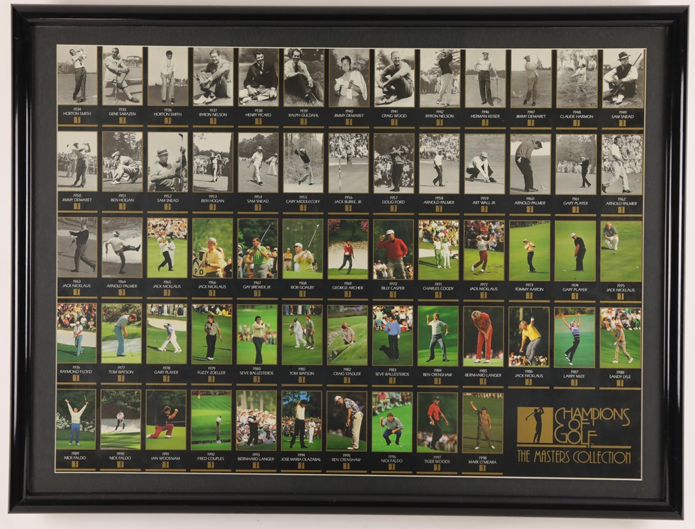 - 1998 Champions of Golf The Masters Collection Framed Uncut Card Sheet w/ Tiger Woods Rookie Card
