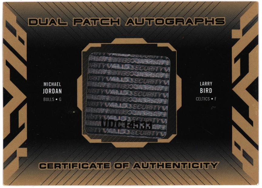 - 2007-08 UD Black Patch Material Autos Gold #AJB Michael Jordan & Larry Bird Game Used Dual Auto Patch 2/5